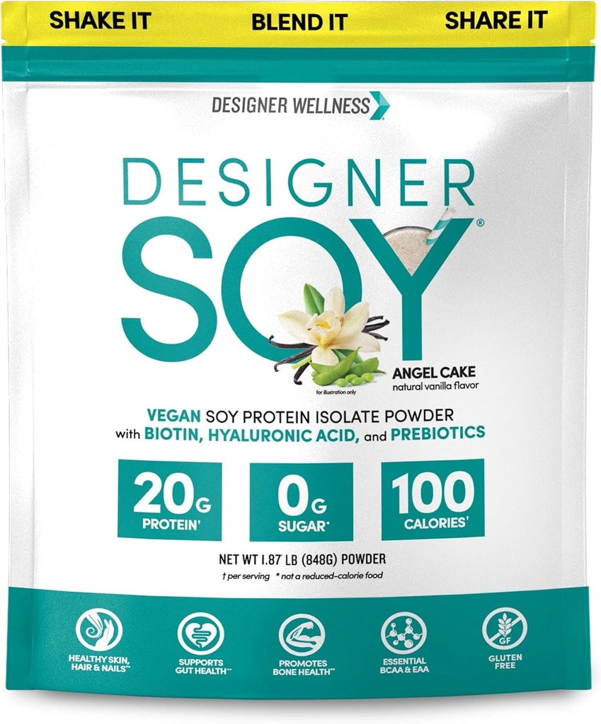 Designer Wellness, Poudre de protéines isolate de soja avec biotine, acide hyaluronique, et prébiotiques, végétalien, 0 sucre, non-OGM, vanille de gâteau d'ange, 1,87 lb