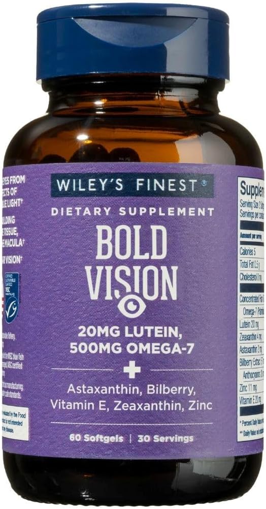 Wiley's Finest Wild Alaskan Fish Oil Bold Vision - Supplément pour la santé des yeux d'huile de poisson avec lutéine, zéaxanthine, bilberry, oméga-7, vitamine E et zinc - 60 Softgels (30 portions)