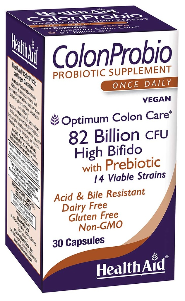 HealthAid ColonProbio 82 milliards avec prébiotique, 14 souches, une fois par jour, 30ct, soin optimal des colonies, acide et résistant à la bile, sans lait, sans gluten, sans OGM