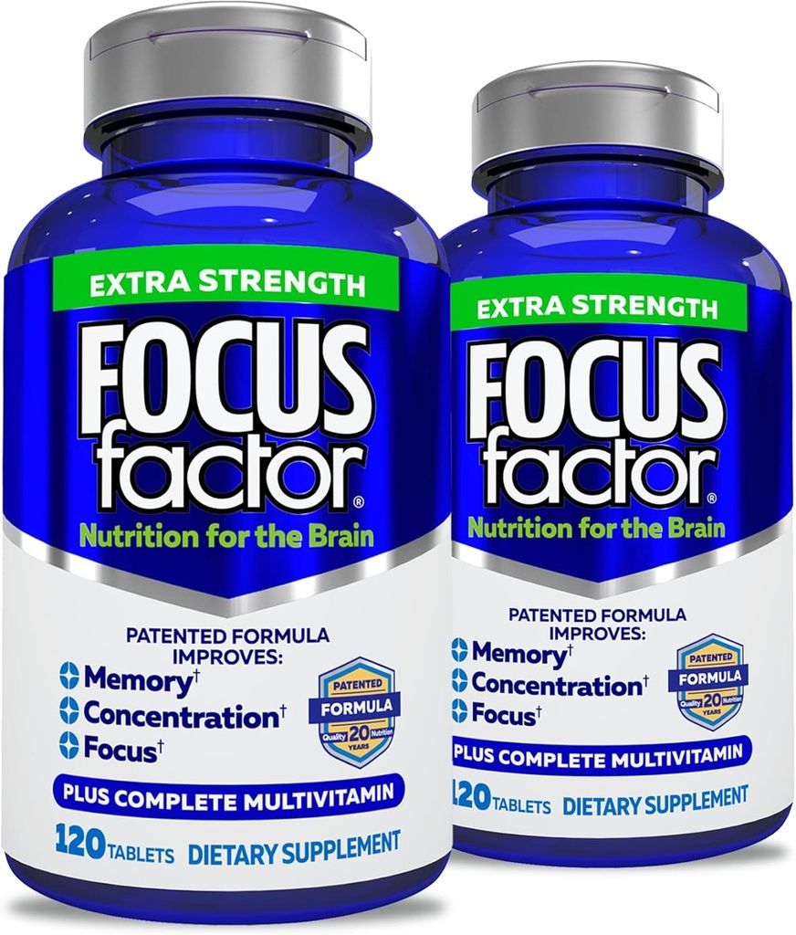 Focus Factor Adults Extra Strength, 120 Count- Brain Supplement for Memory, Concentration, Focus - DMAE, Vitamin D, DHA- Brain Health Supplement – Trusted Formula- Brain Vitamins, Focus Pills (2 pk)