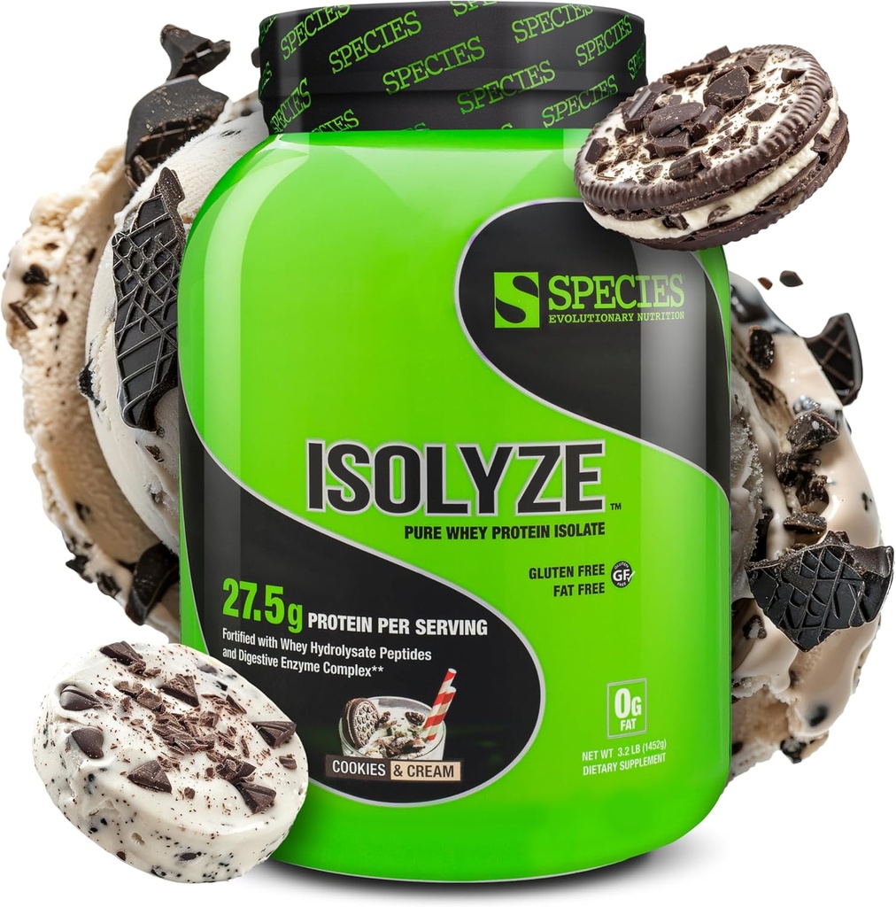 Espèce Nutrition Isolyze Poudre de protéines de lactosérum, 100 % d'isolat de lactosérum pour la musculation, 27,5 g de protéines par scoop, pas de sucre et faible en gras (Cookies et crème, 44 portions)