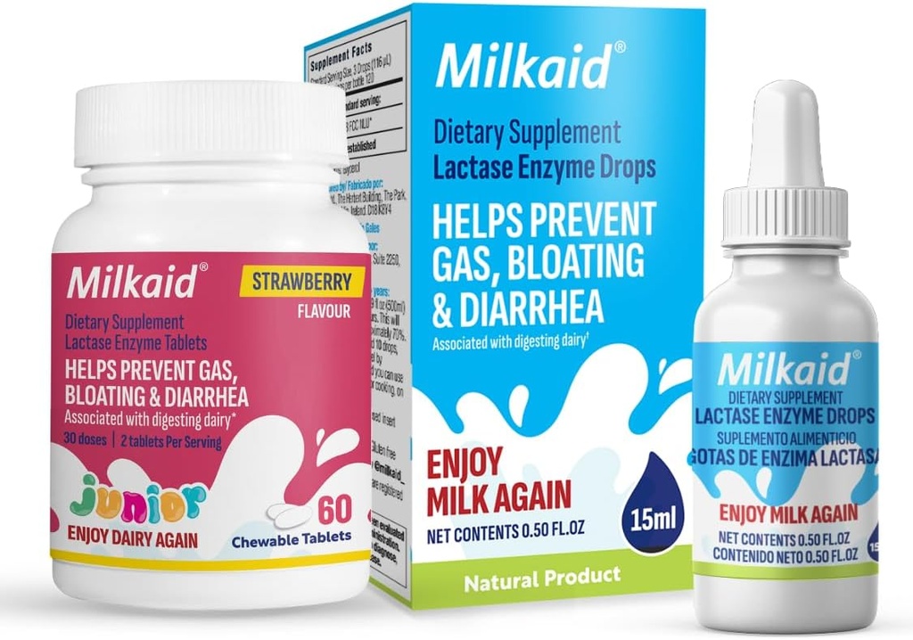 Laitaid Junior Lactase Enzyme Comprimés à croquer pour l'intolérance à la lactose.