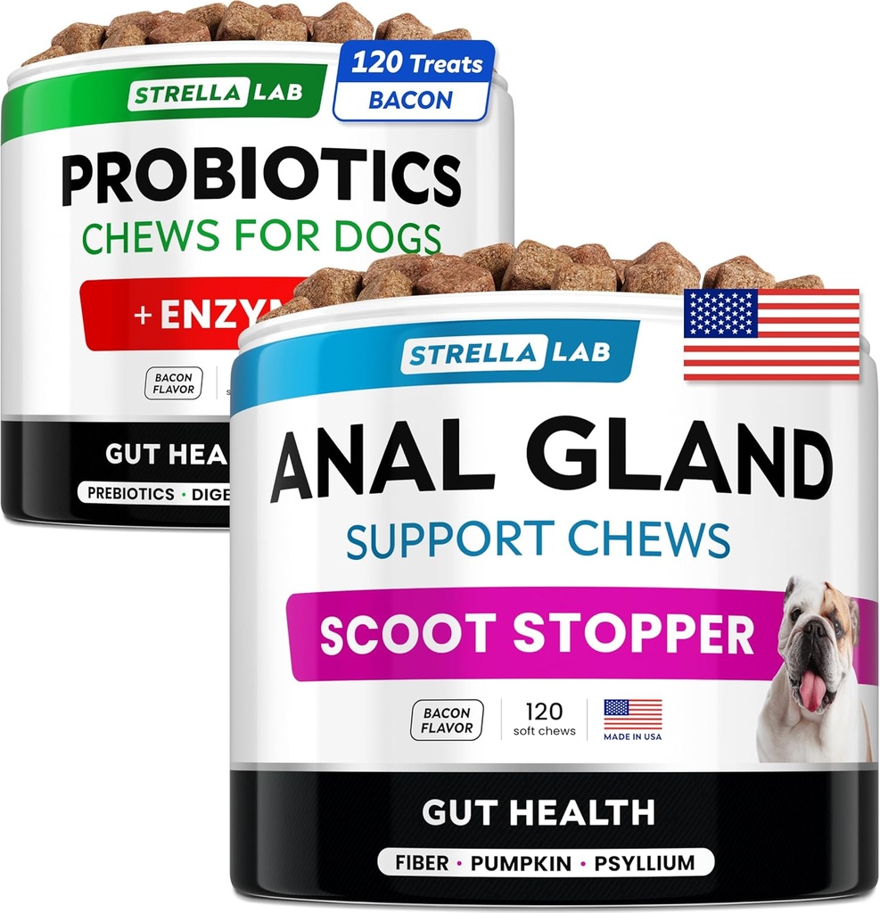 Probiotiques + Anal Gland Support Dogs Bundle - Enzymes digestifs et prébiotiques - Allergie, Diarrhée, Constipation et Scoot Traitement - Supplément fibreux pour la digestion, la santé Gut & Immunity - Fabriqué aux États-Unis