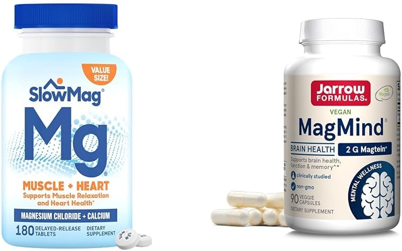SlowMag Muscle + Chlorure de magnésium cardiaque avec supplément de calcium pour soutenir la relaxation musculaire et les formules de moineau MagMind Brain Health with Magtein (Magnesium L-Thréonate), supplément alimentaire