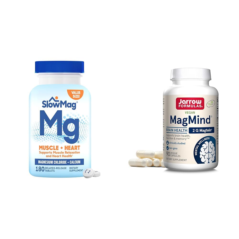 SlowMag Muscle + Chlorure de magnésium cardiaque avec supplément de calcium pour soutenir la relaxation musculaire et les formules de moineau MagMind Brain Health with Magtein (Magnesium L-Thréonate), supplément alimentaire