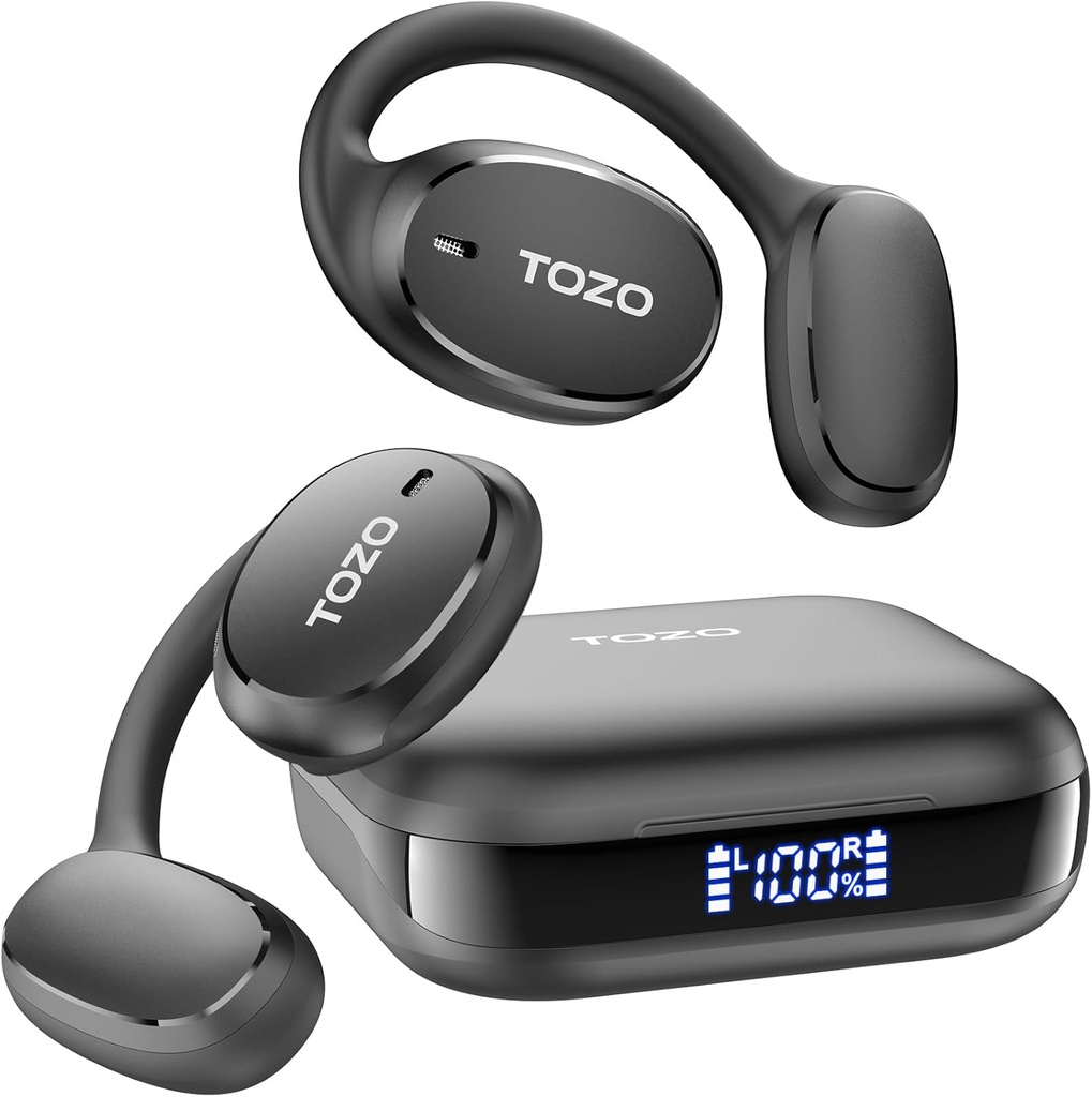 Écouteurs d'oreilles ouverts TOZO OpenEgo Casques Bluetooth, écouteurs sans fil 80Hrs Playtime avec écouteurs, affichage numérique, 32 modes de QE, appel clair, utilisation confortable, Sweat-Proof pour l'entraînement en noir