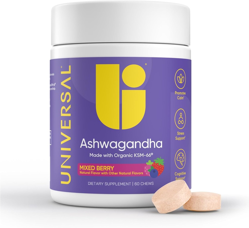 Ashwagandha KSM-66 Chews - Stress quotidien, fonctions cognitives et soutien de l'humeur Supplément à croquer, biodisponible Spectre complet KSM66 Ashwagandha Extrait de racine, calme et relaxation – Berry mixte, 60 comtes