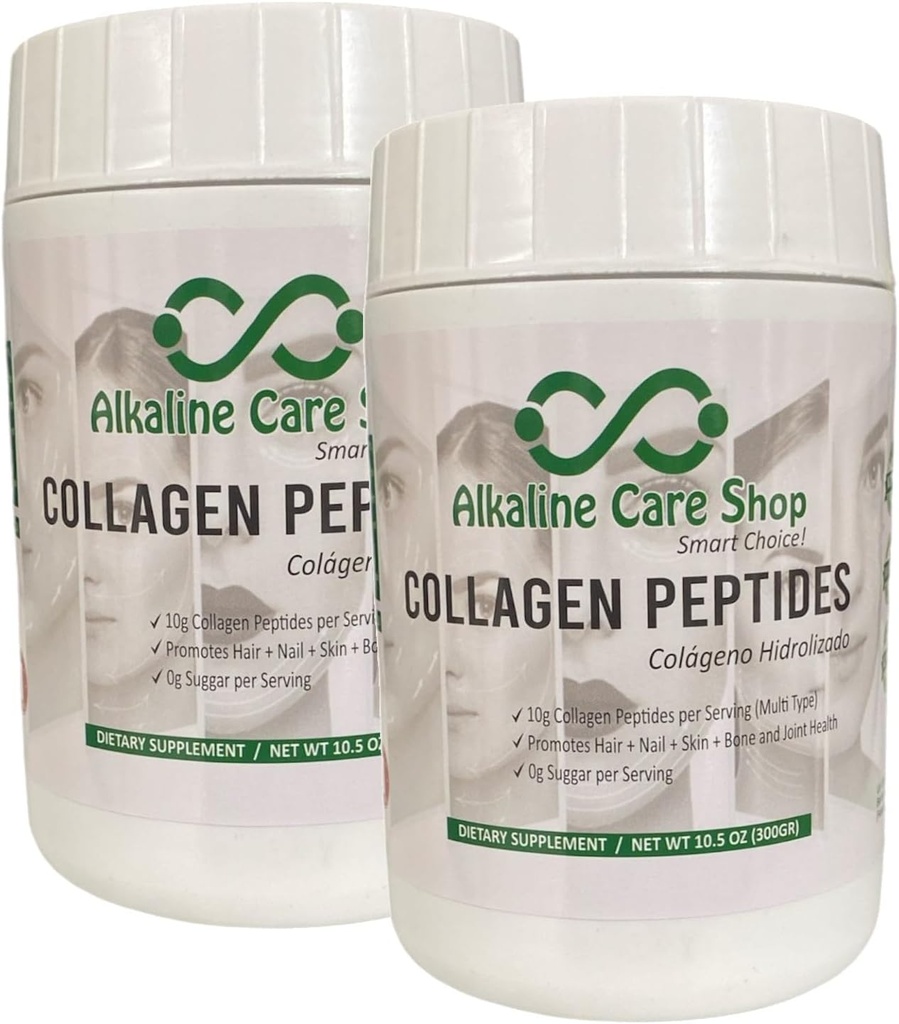 Soins Alcalins Hydrolysed Collagen Peptides pour femmes et hommes , poudre de collagène multi-type non aromatisée pour cheveux, os, peau, ongles et articulations , 10g Collagen Peptides par service , Set de 2 , 21Oz (600g)