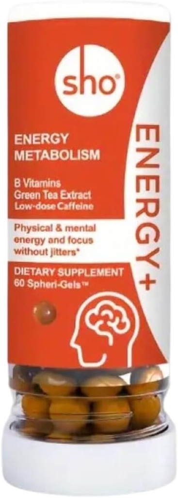 SHO Energy+ Vegan Energy & Focus Suppléments 60 Pills-Matcha Extract, Complexe complexe de vitamine B méthylé B et Booster d'énergie naturelle caféine pour les hommes et les femmes sans crash et jitters, bouteille de recharge