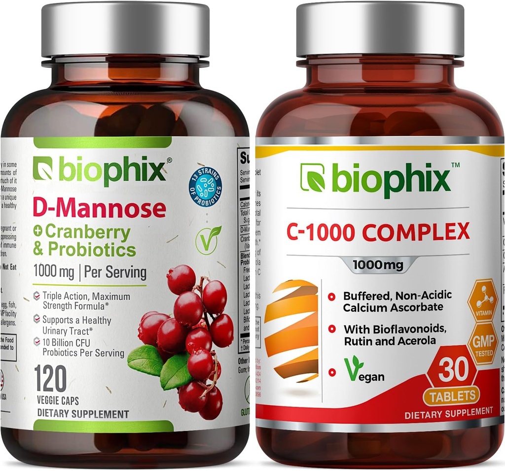 biophix D-Mannose Plus Probiotiques de canneberge 1000 mg 120 Vcaps - Vitamine libre C-1000 30 Comprimés - Soutient la santé et le bien-être digestifs