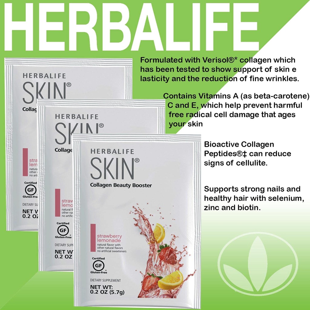 Herbalife Skin Lémonade aux fraises 30 Packets (5,7G) Skin Collagen Beauty Booster: Pas d'arôme artificiel, pas d'édulcorants artificiels, sans gluten