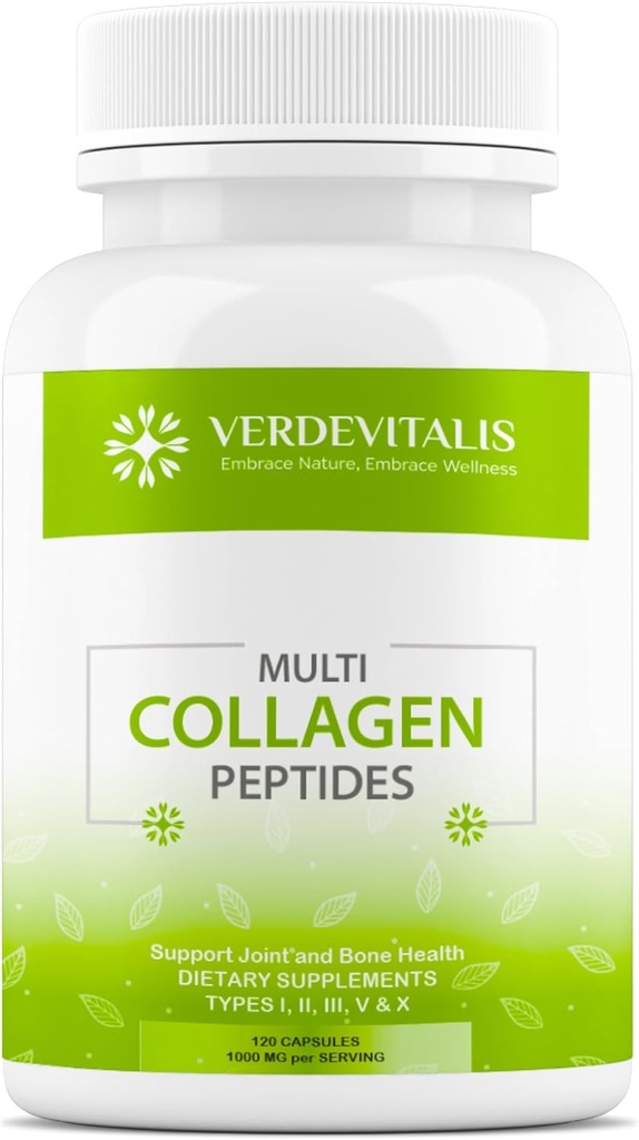 Capsules de Peptides Multi Collagène - Sans OGM et sans gluten de type I, II, III, V, X Compléments de collagène hydrolysés avec vitamine C - Soutient la santé des cheveux, de la peau, des ongles et des articulations - 120 CPS