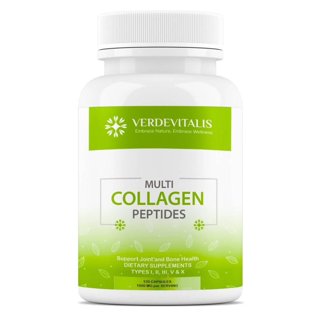 Capsules de Peptides Multi Collagène - Sans OGM et sans gluten de type I, II, III, V, X Compléments de collagène hydrolysés avec vitamine C - Soutient la santé des cheveux, de la peau, des ongles et des articulations - 120 CPS