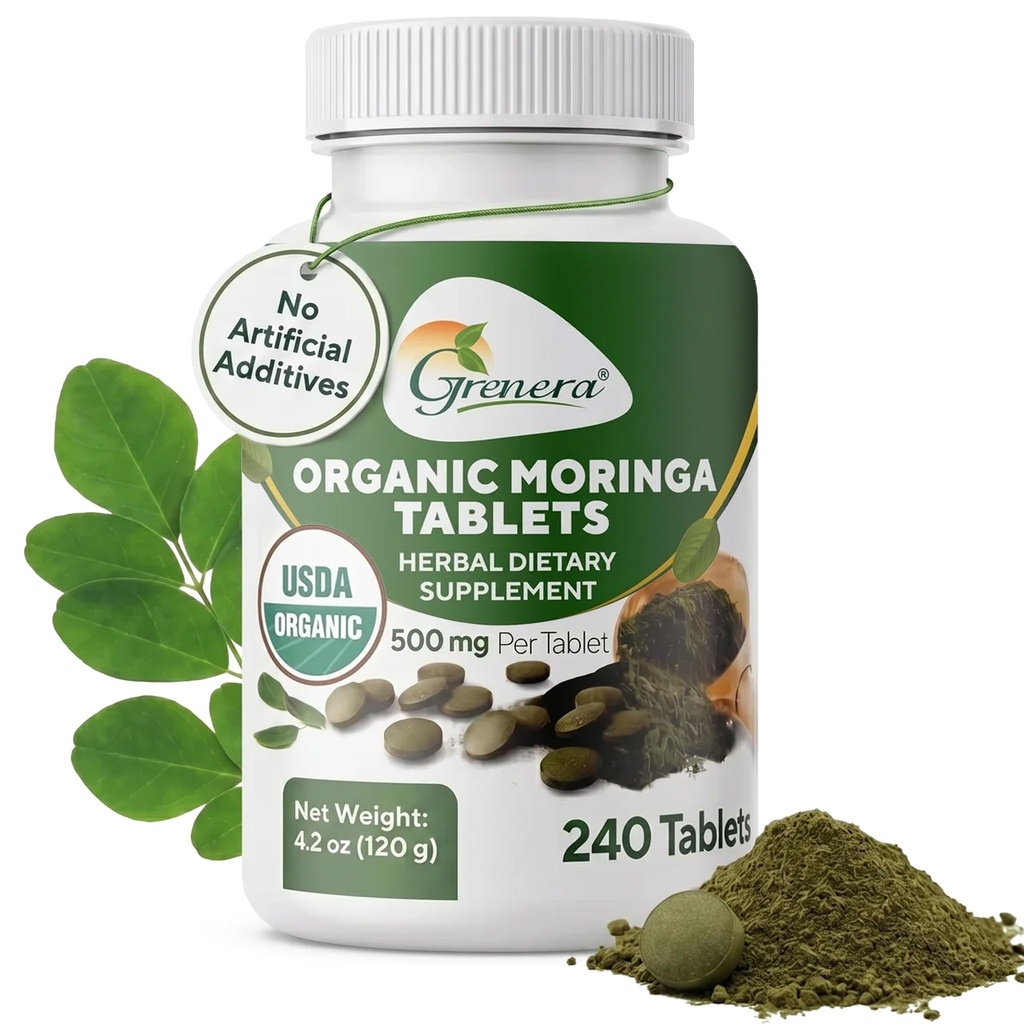 Grenera Organic Moringa Tablets | USDA Organic, 500mg Per Tablet | Uncoated Herbal Supplement, Single Ingredient Moringa Leaf Powder | Lab Tested Quality, Vegan & Kosher Certified | 240 Count