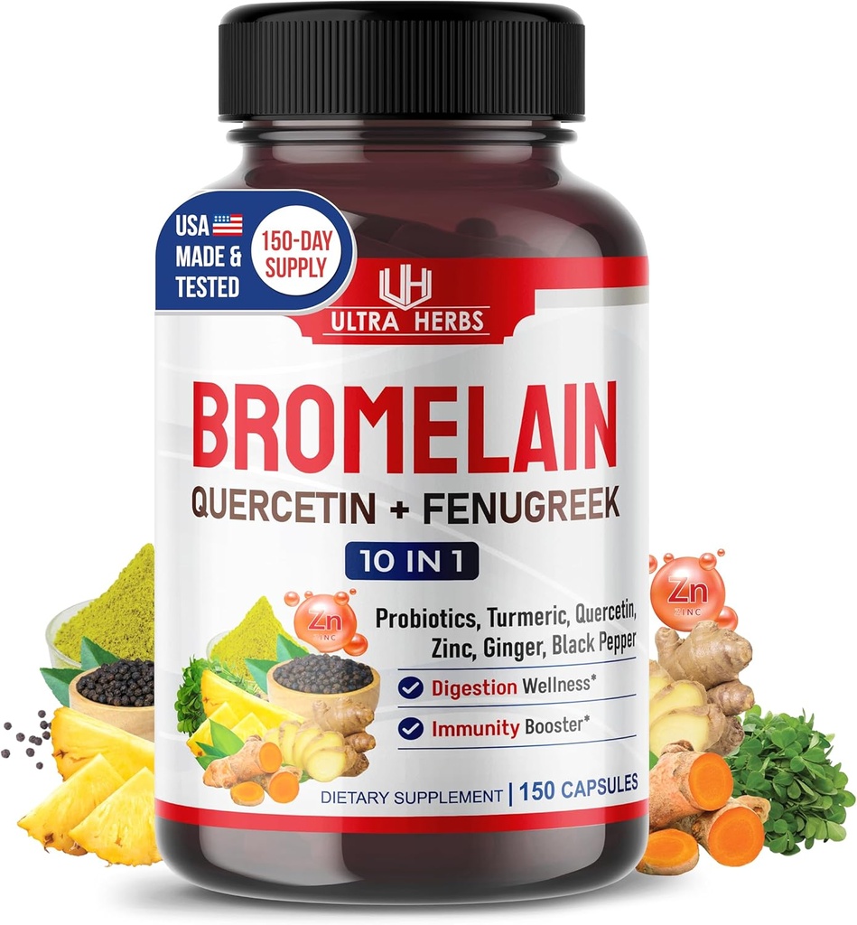 Supplément bromelain avec Quercetin, Zinc, Fenugreek, Turmeric, Ginger, Black Pepper & Probiotiques - Soutient la digestion, la santé articulaire et l'absorption des nutriments