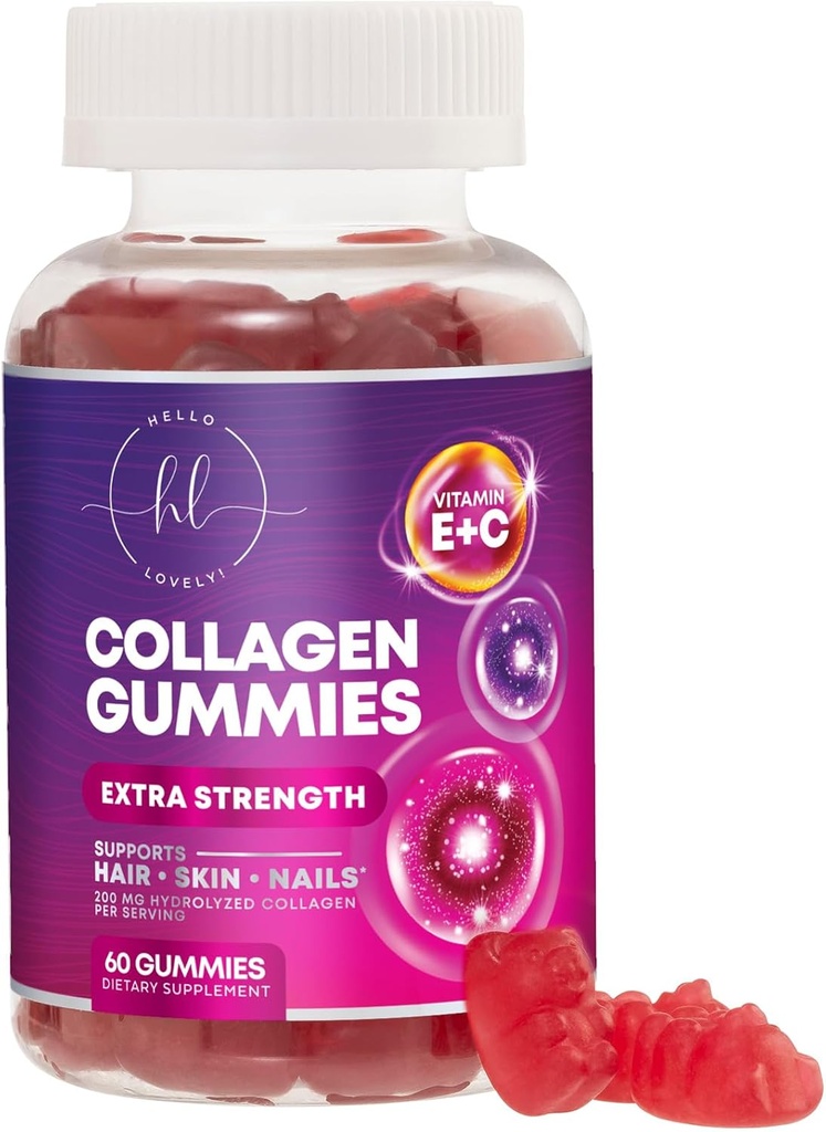 Peptides de collagène Gommies avec 2500 mcg Biotine - Supplément de protéines hydrolysées de type I et III multi collagène avec vitamine C et zinc - Support pour cheveux, peau, ongles, goût de grenade - 60 gommies