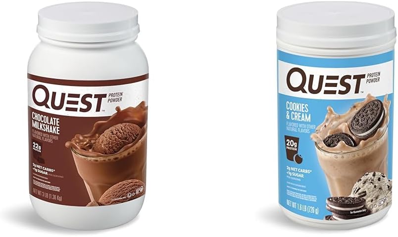 Quest Nutrition Chocolat Poudre de protéines de milkshake, 22g de protéines, 1g de sucre, faible teneur en glucides, sans gluten, 3 livres, 43 portions et biscuits et poudre de protéines de crème; 20g de protéines; 1g de sucre; faible teneur en glucides; sans gluten