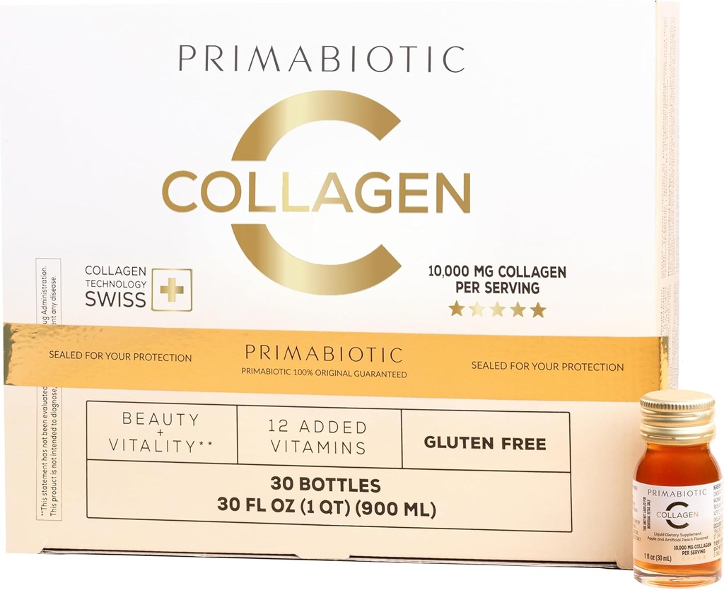 Collagène liquide PRIMABIOTIC - haute teneur en collagène [10 000 Mg] par portion - Collagène hydrolysé et 12 vitamines - Sans gluten- 900 Ml - Boîte de 30 bouteilles x 30 Ml (1)