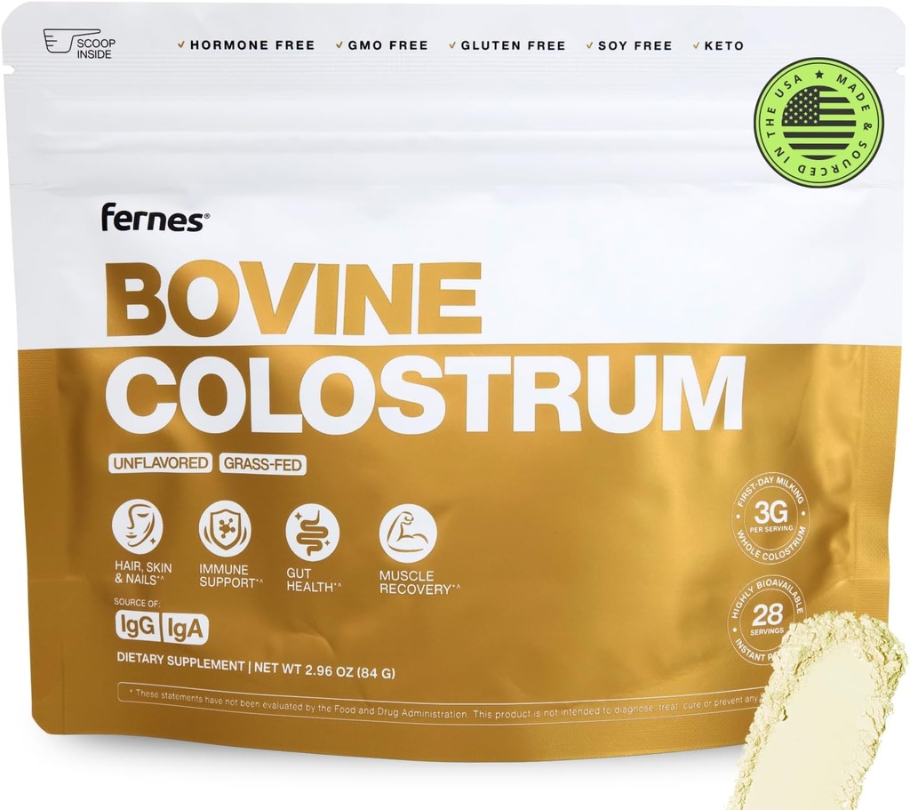 Poudre de colostrum entier de la farine d'herbe pour les femmes et les hommes – première journée de laitage, non OGM, sans soja, sans kéto, sans gluten – 28 portions, 2,96 oz, sans saveur, fabriqués aux États-Unis