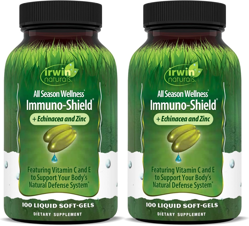 Irwin Naturals Immuno-Shield - 100 Softgels liquides, pack de 2 - Bien-être toute saison pour le système de défense naturelle du corps - 32 Total des services