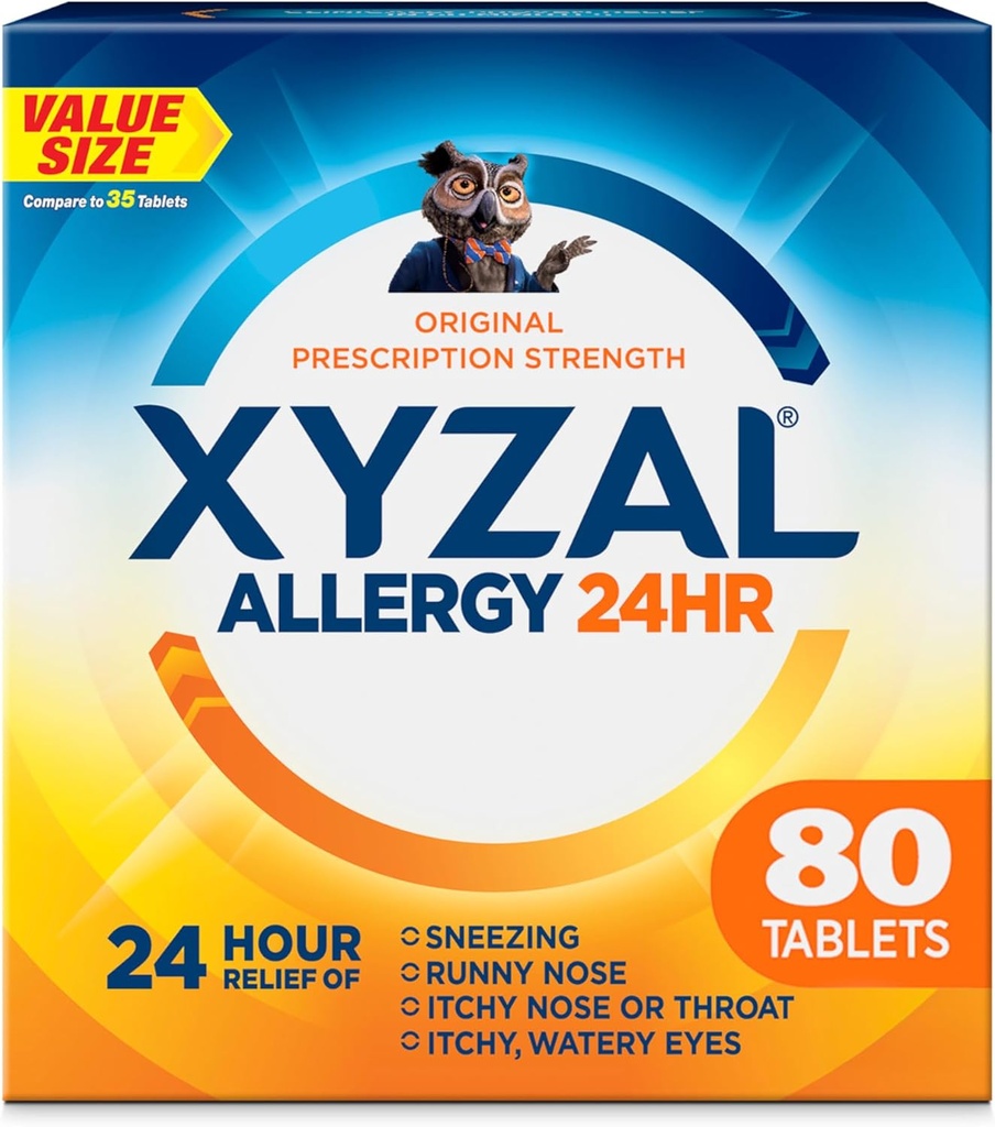 Xyzal 24 heures contre les allergies, antihistaminique, comprimés de dichlorhydrate de levocétizine, 5 mg, 80 Compte