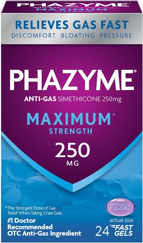 Phzyme Maximum* Strength Anti-Gas 250 mg Siméthicone Gas Relief pour les adultes, Gels rapides Rapidement Ease Bloating, Pression et Désagrément, 24 Compte