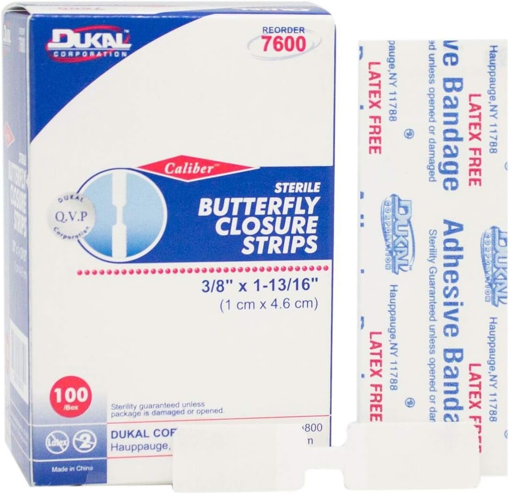 Dukal Butterfly Close Strips. Pack de 100 bandes de fermeture de plaies adhésives. Bandages stériles pour la protection des plaies. À usage unique. Individuellement emballé. Facile à appliquer.