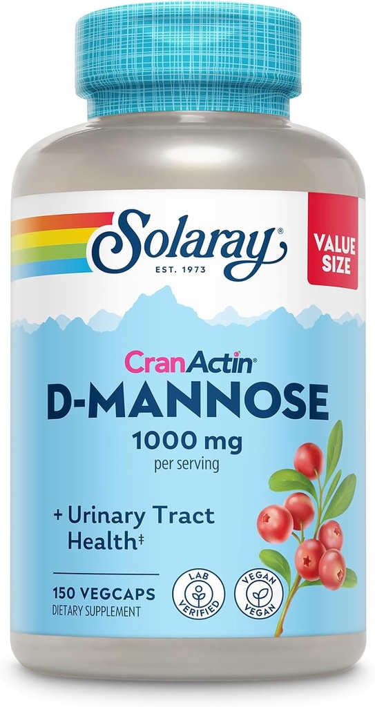 Solaray D-Mannose 1000mg avec supplément de canneberge CranActin 400mg, gélules de soutien à la santé et à la crème urinaire avec vitamine C, végétalien, garantie de 60 jours, 75 portions, 150 VegCaps
