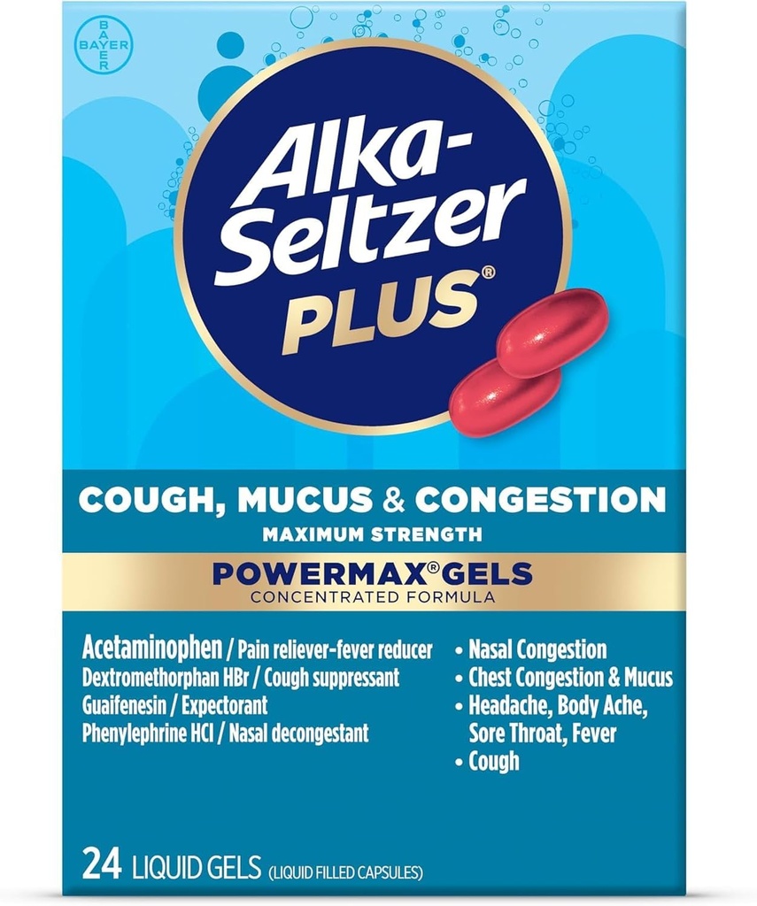 Alka-Seltzer Plus Fort maximum Toux, mucus et congestion Gels liquides Powermax, soulagement rapide et efficace de la congestion thoracique, suppresseur de la toux, pour les adultes et les enfants 12 ans et plus 24 Nombre