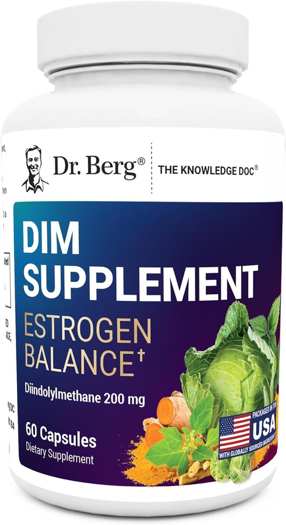 Dr Berg DIM Supplément Estrogen Balance - Supplément d'estrogène original pour les femmes avec Diindolylméthane pour les symptômes menstruels et le soulagement de la ménopause et le poivre noir pour l'absorption améliorée - 60 capsules