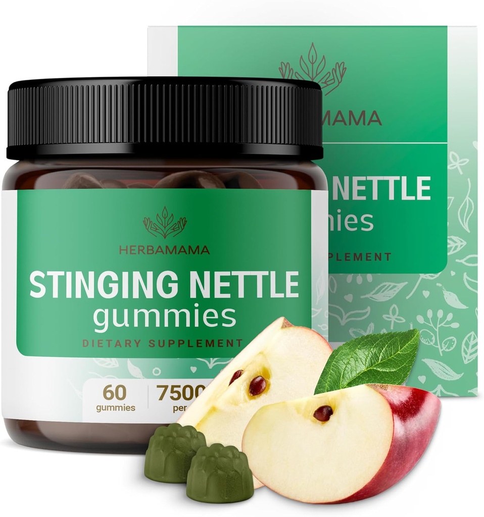 HERBAMAMA Stinging Nettle Gummies - 7500mg Stinging Nettle Root Extract for Urinary Tract Support for Women & Men - Vegan, Supplément Urtica Dioica non-GMO - 60 Pectines à base de pommes