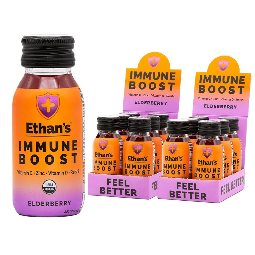 Ethan's Organic Imune Boost Shots, Arôme de Elderberry. Je me sens mieux. Soutien immunitaire, fait avec de vrais fruits, vitamine C, vitamine D, Reishi, zinc, sans sucre ajouté (12 Pack de 2oz Shops)