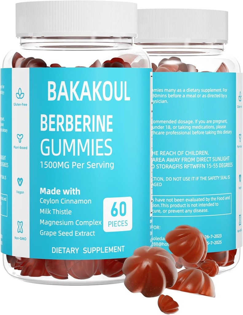Berbère avec Gommies Ceylan Cinnamon, Berbère sans sucre 1500 mg et Ceylan Cinnamon 500 mg, Gummées Berbère de haute puissance avec complexe de magnésium et chardon de lait, 60 Gummées