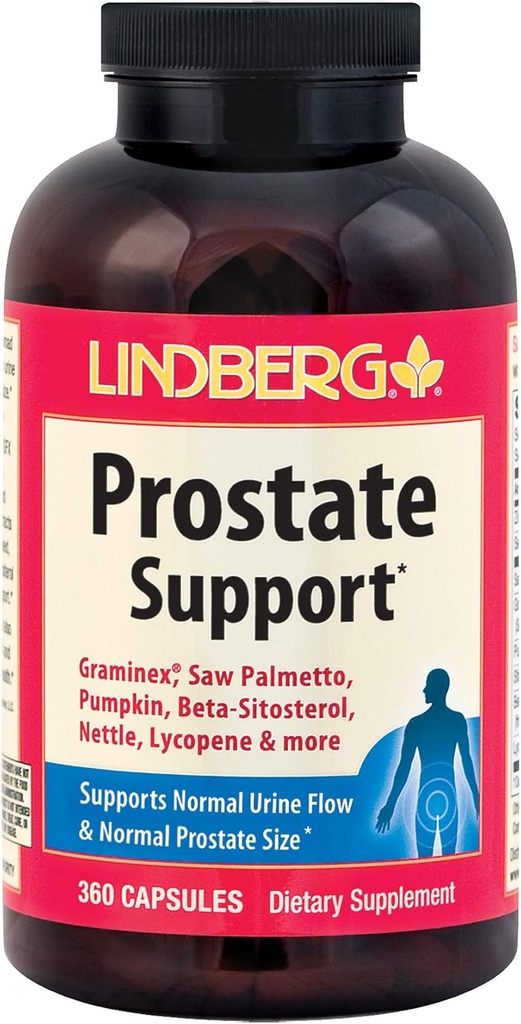 Lindberg Prostate Support* - avec Graminex, Saw Palmetto, Citrouille, Beta-Sitostérol, Bouilloire, Lycopène et plus (360 Capsules)