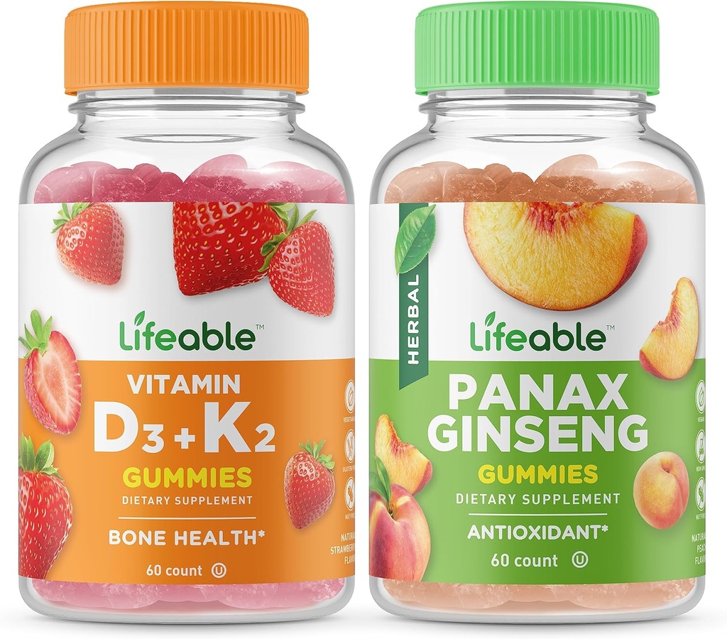 Lifeable Vitamin D3 + Vitamin K2 + Panax Ginseng, Gummies Bundle - Great Tasting, Vitamin Supplement, Gluten Free, GMO Free, Chewable Gummy