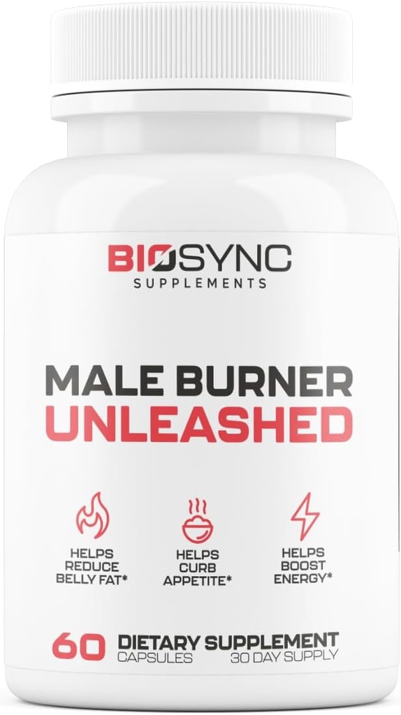 BioSync - Mâle brûleur UNLEASHED , Fat Burner pour les hommes Perte de poids pilules , Suppresseur d'appétit , Blocker de glucides , Booster d'énergie , 6 Ultra Dosed Ingrédients puissants , 3ème partie sûre testé - 60 capsules