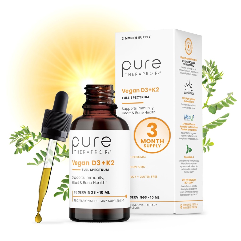 Pure Therapro Rx Vegan D3 + K2 Organic 100 % Liposomal 10ml Fabriqué aux États-Unis. 3 mois d'approvisionnement.
