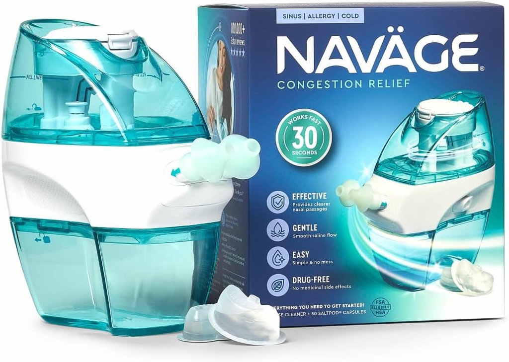 Trousse de démarrage de Navage - Système d'irrigation nasale - Kit de rinçage nasal Saline avec 1 nettoyant du nez de Navage et 30 pods de sel