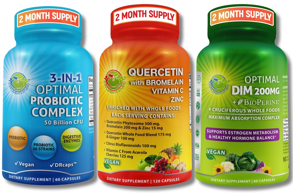 Végétalien Hormonal, Immune & Gut Health Support Bundle – Quercetin 500mg avec Bromelain, Zinc et Vitamine C + DIM 200mg avec BioPerine® + 3-en-1 Probiotique 50 Million CFU avec enzymes digestives et prébiotiques