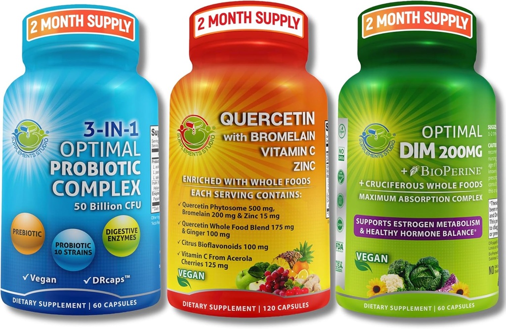 Végétalien Hormonal, Immune & Gut Health Support Bundle – Quercetin 500mg avec Bromelain, Zinc et Vitamine C + DIM 200mg avec BioPerine® + 3-en-1 Probiotique 50 Million CFU avec enzymes digestives et prébiotiques