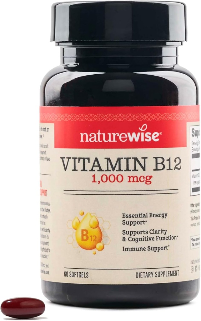 NatureWise Vitamine B12 1000 mcg - Supplément alimentaire pour soutenir le métabolisme énergétique, la clarté mentale, la santé du système nerveux - Facile à avaler, sans soja et sans gluten, non-OGM - 60 softgels[60 jours]
