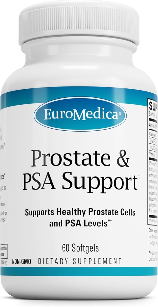 Soutien Prostate et PSA d'EuroMedica - Supplément diététique pour le soutien de la prostate et de l'équilibre hormonal sain - Supplément à base de plantes avec Curcumine, huile essentielle curcuma et extrait de graines de raisin - 60 Softgels