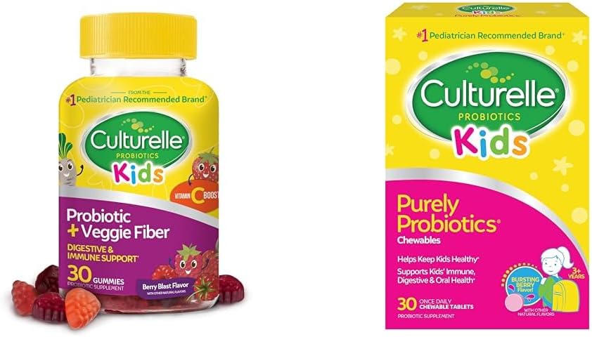 Probiotique quotidien Culturelle pour les enfants + Gommies de fibre de Veggie (Âges 3+) - 30 Count & Kids Probiotique quotidien à croquer pour les enfants, 3+ ans, 30 Count, #1 Pediatrician-Recommander