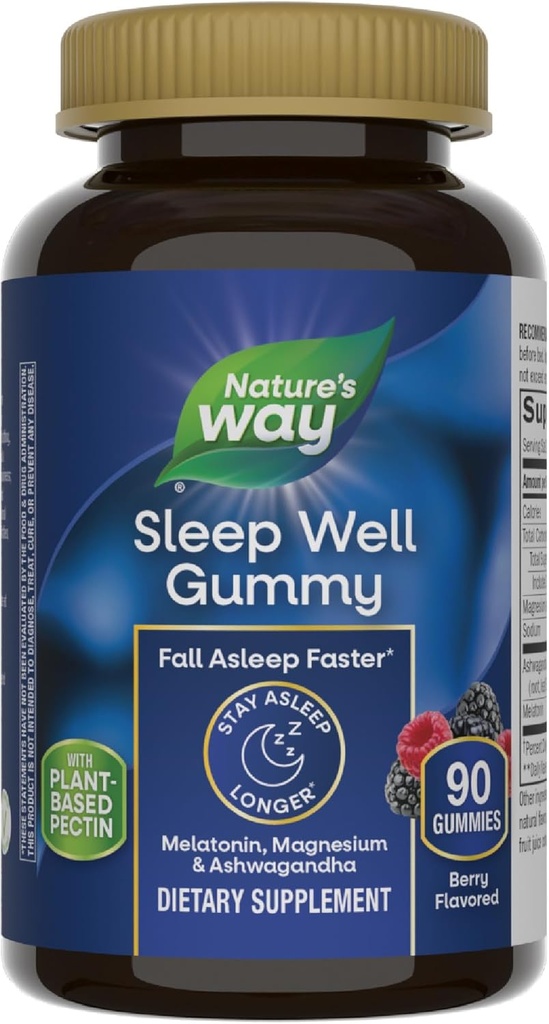 Nature Way Dormez bien Mélatonine et Gommies de magnésium, Soutien au sommeil pour adultes*, avec Ashwagandha, Berry Flavored, 90 Gommies