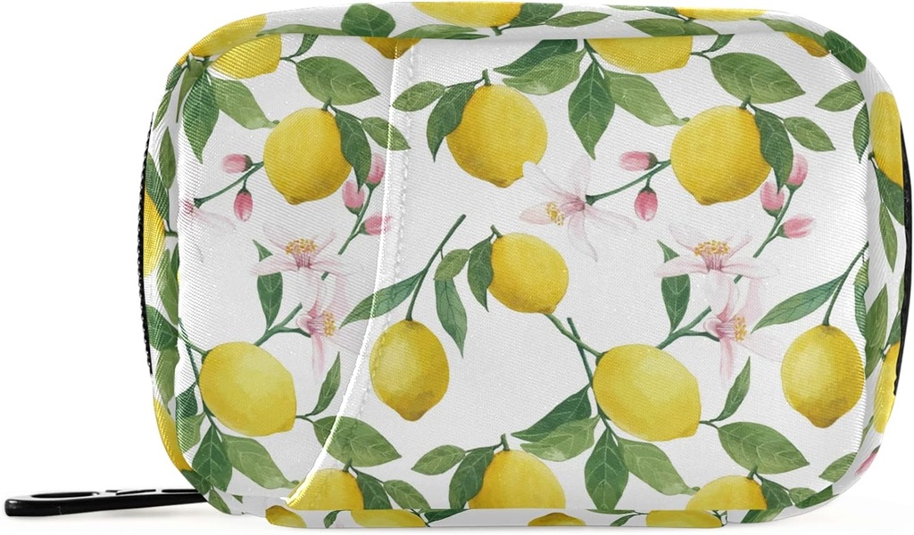 Watercolor Floral Lemon Pill Box 7 Day Pill Case Travel Pill Organizer Bag with Zipper Portable Weekly Case Compact Size for Vitamin Supplement Holder
