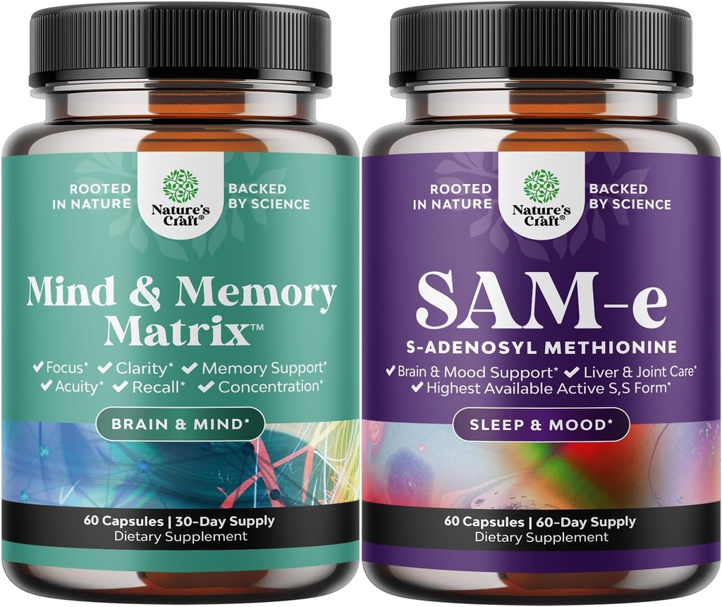 Bundle of Advanced Cerveau Complement for Memory & Focus - Vitamines pour les adultes de tous les âges et Sam-E 200mg Mood Support Supplément - S-Adenosyl Methionine for Natural Relaxing Mood Boost Cerveau Support