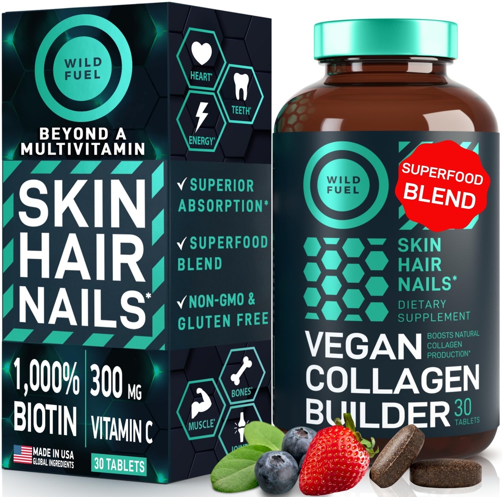 WILD FUEL Constructeur de collagène végétalien - Biotine, Superfood biologique, Acides aminés Glycine, Lysine, Proline Plant-Based Collagen Booster Suppléments - 30 comprimés d'extraits organiques