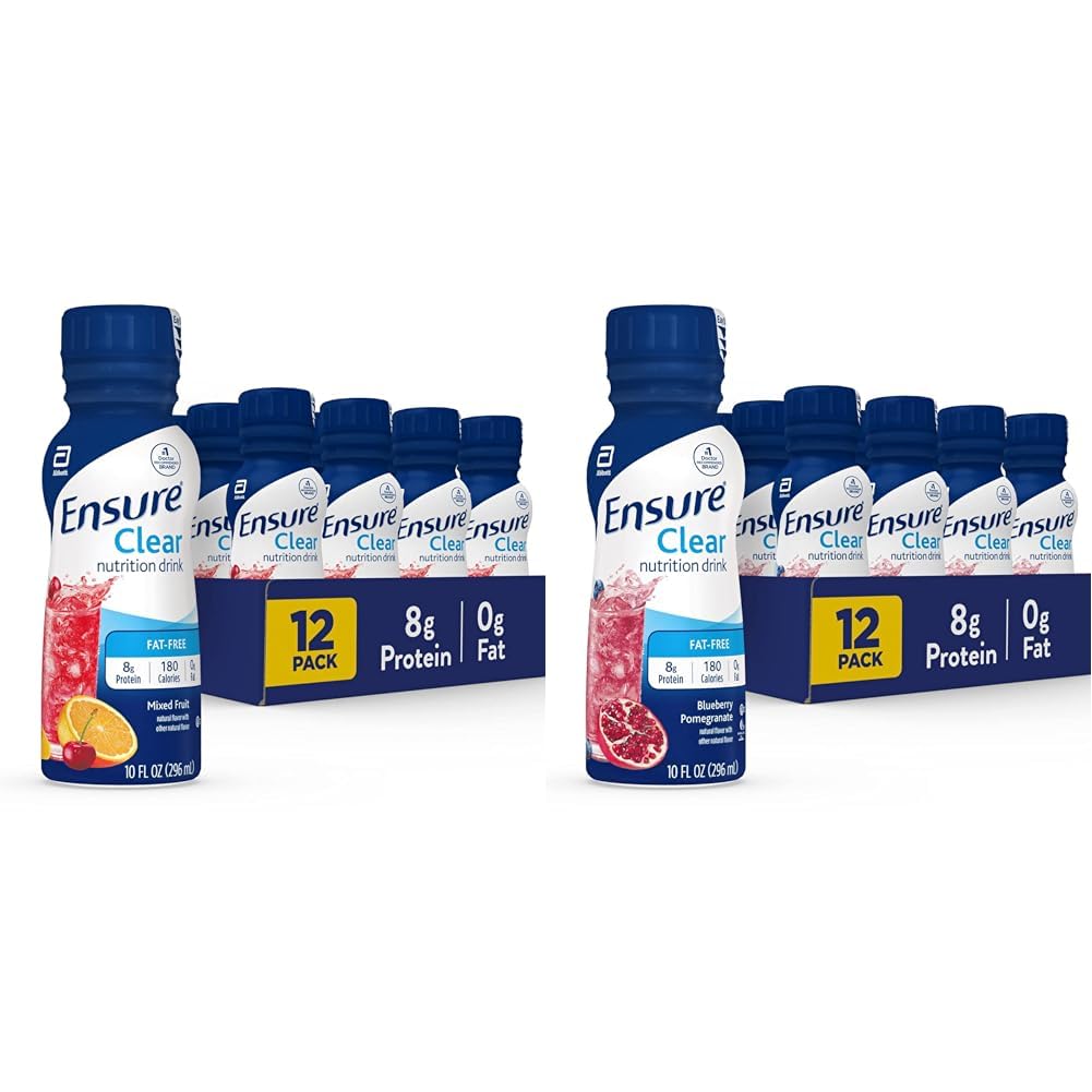 Assure une boisson de nutrition claire, 0g de gras, 8g de protéines, fruits mélangés et arômes de grenade aux bleuets, 10 Fl Oz, boîte de 12