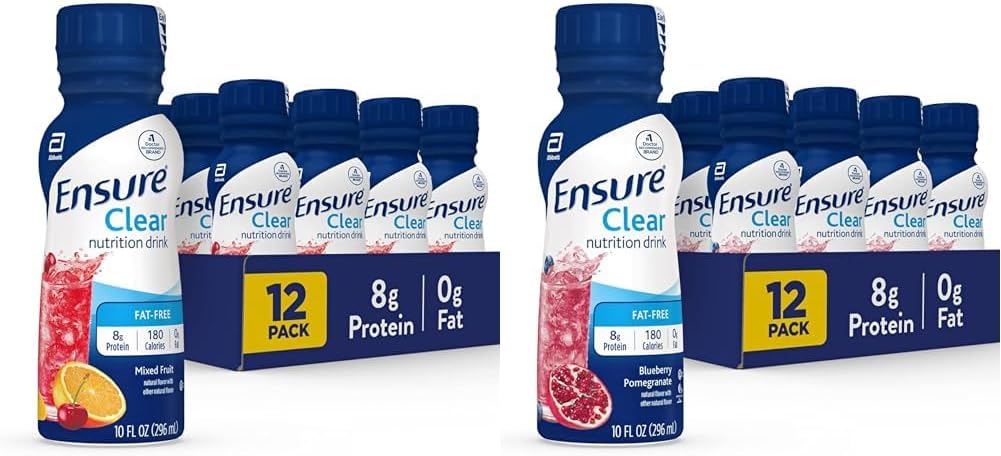 Assure une boisson de nutrition claire, 0g de gras, 8g de protéines, fruits mélangés et arômes de grenade aux bleuets, 10 Fl Oz, boîte de 12