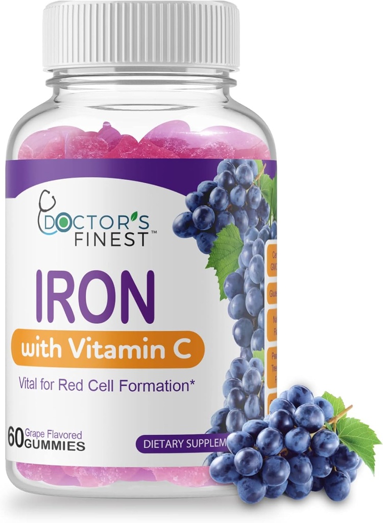 Les médecins commandent Fer 10mg Vitamine C Gommies, Végétarien sans gluten sans OGM, Grande dégustation de vitamines Gommy au raisin naturel, Supplément alimentaire, Formation de globules rouges, pour les adultes et les enfants, 60 Gommies